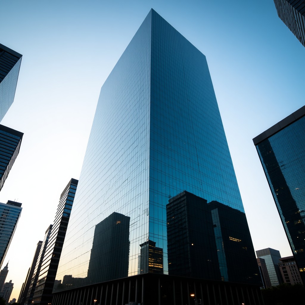 Modern financial building exterior during daylight, glass reflections of a city, professional corporate photography, 4:3 aspect ratio