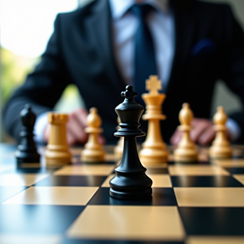 Chess pieces on a board with focus on the king, business negotiation atmosphere, shallow depth of field, 4:3 aspect ratio
