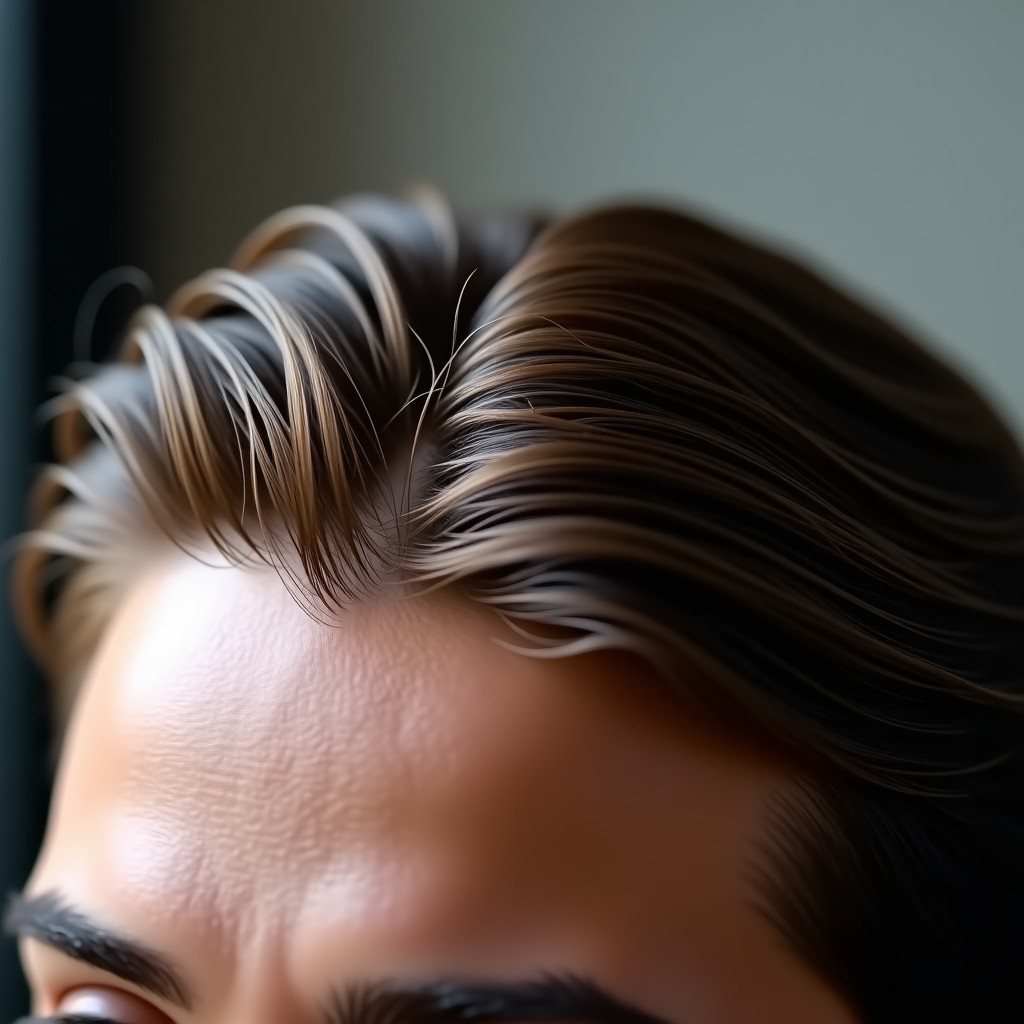 Close up shot of healthy hair texture and scalp, cinematic lighting, professional haircare atmosphere, 4:3 ratio.