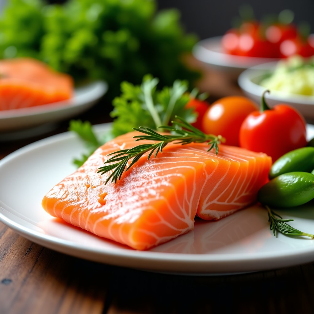 Fresh protein rich food like salmon and vegetables on a table, aesthetic food photography, 4:3 ratio.