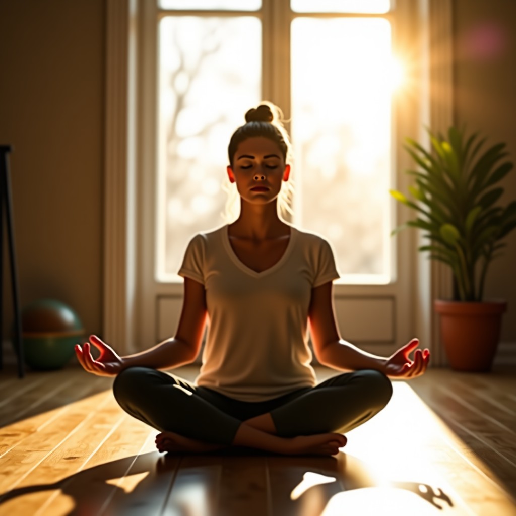 A peaceful person meditating in a sunlit room, calm atmosphere, natural photography, 4:3 ratio.