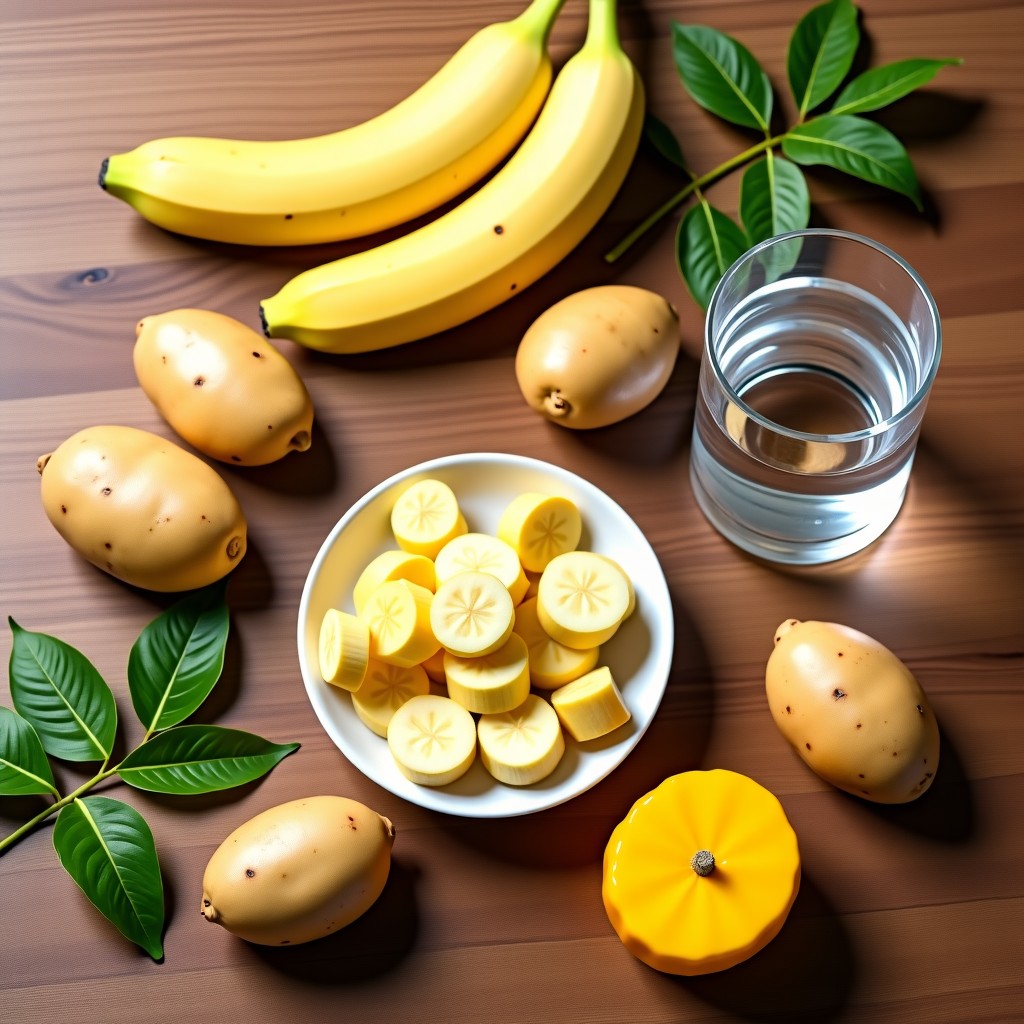 A flat lay of healthy, gentle foods like bananas, boiled potatoes, and clear water on a wooden table, cinematic lighting, 4:3