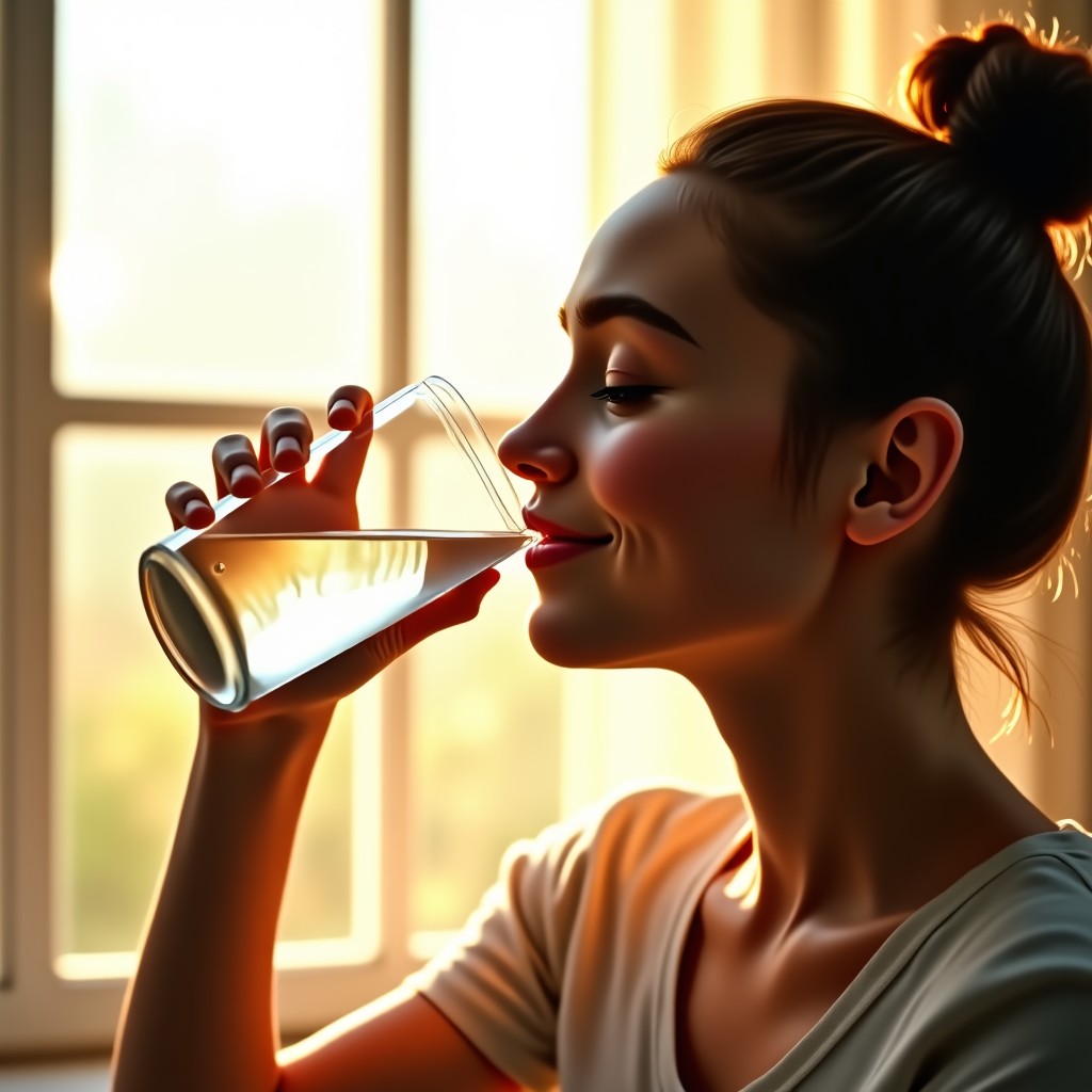 A person drinking water with a calm smile, sunlight streaming through a window, bright and fresh atmosphere, 4:3