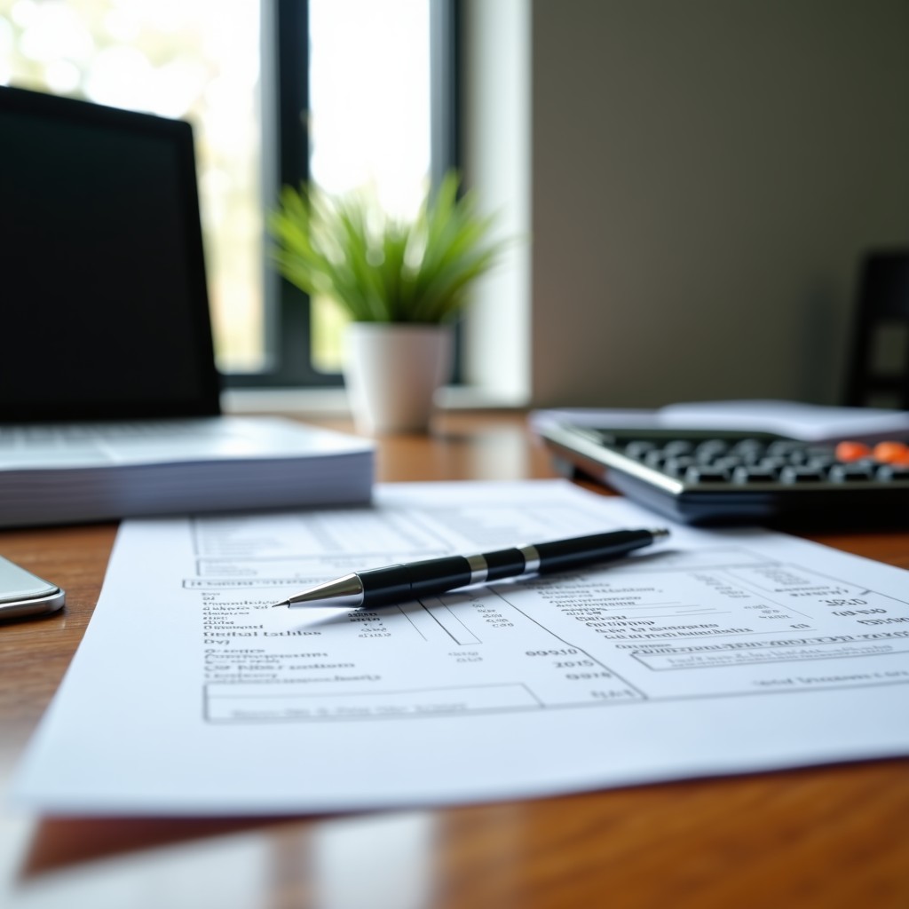 A clean and organized wooden desk with a calculator, a pen, and tax documents, modern interior, bright natural lighting, 4:3
