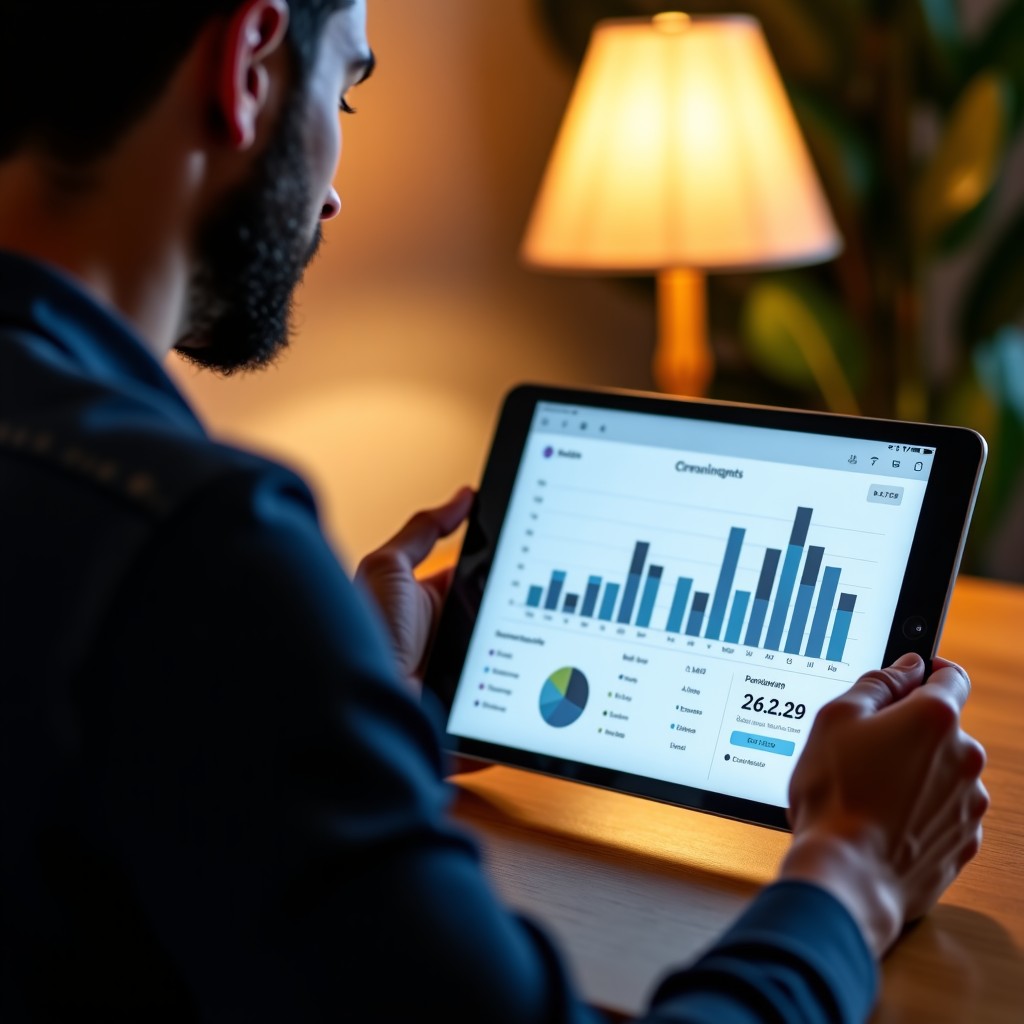 A person looking at a digital tablet with charts and financial information in a home office, warm atmosphere, soft lighting, 4:3