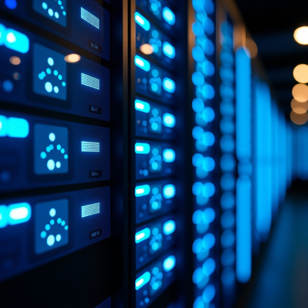 Close up shot of modern server racks with glowing blue lights in a dark room representing advanced artificial intelligence infrastructure, realistic style, 4:3 aspect ratio.