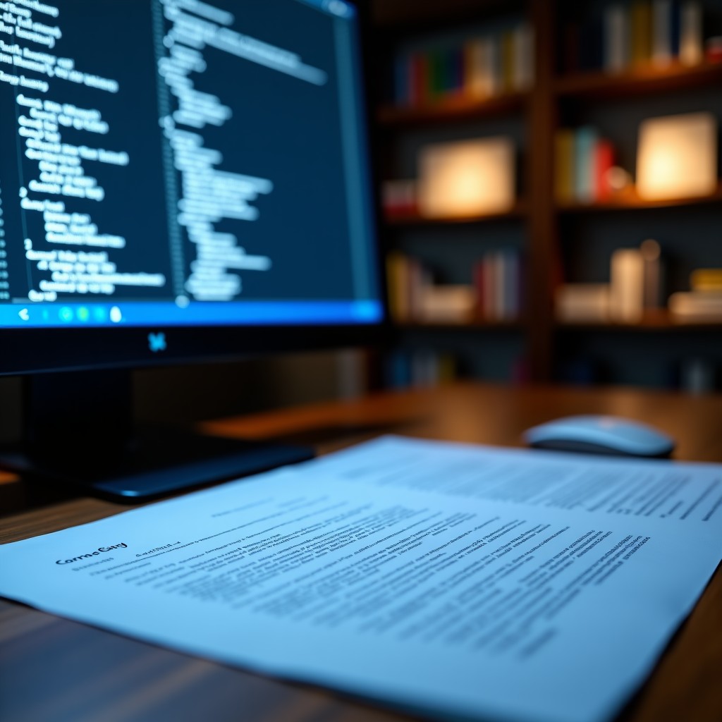 A detailed view of legal documents on a desk with a computer screen showing complex code, concept of legal disputes in the tech industry, cinematic lighting, 4:3 aspect ratio.