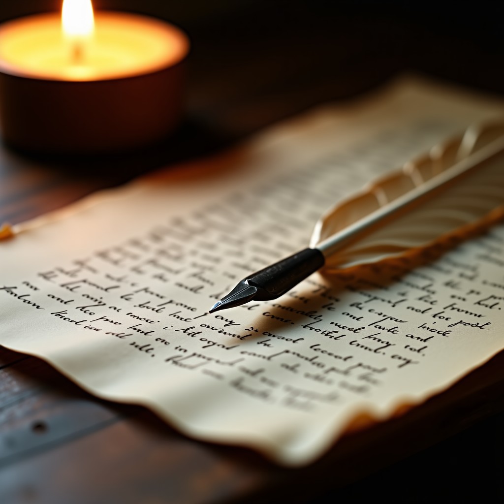 Close up of a vintage quill pen resting on an old parchment paper with handwritten scripts, rustic wooden table, dim candle light, historical academic atmosphere, 4:3 aspect ratio.