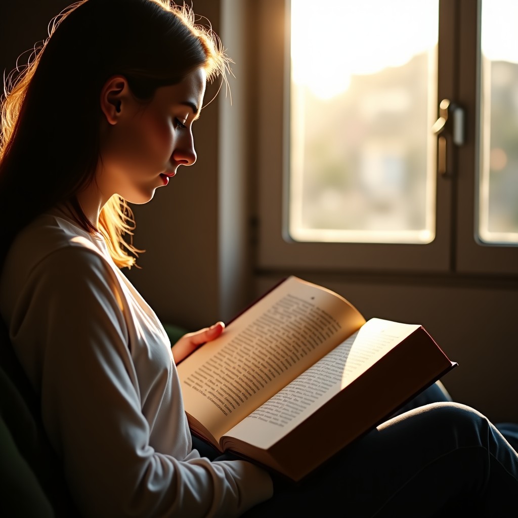 A modern person reading an old classic literature book in a bright cozy sunlit room, focusing on the pages, peaceful and intellectual lifestyle vibe, 4:3 aspect ratio.