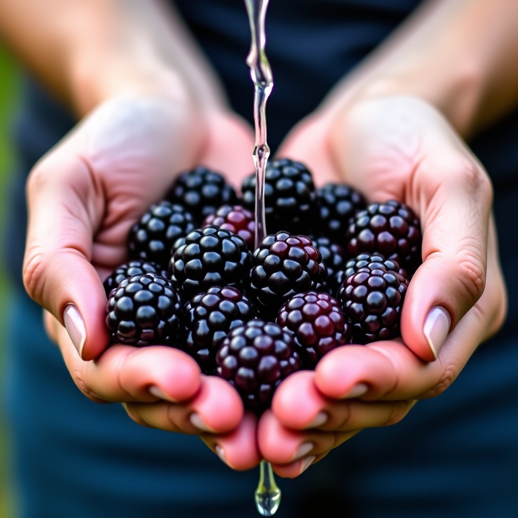Close-up of hands washing fresh blackberries, water droplets on fruit, vibrant deep purple colors, 4:3