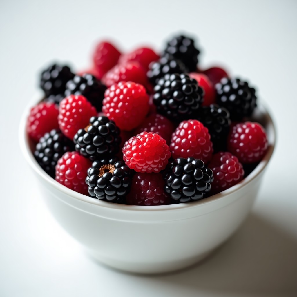 A variety of berries including blackberries in a white ceramic dish, bright and airy photography, 4:3