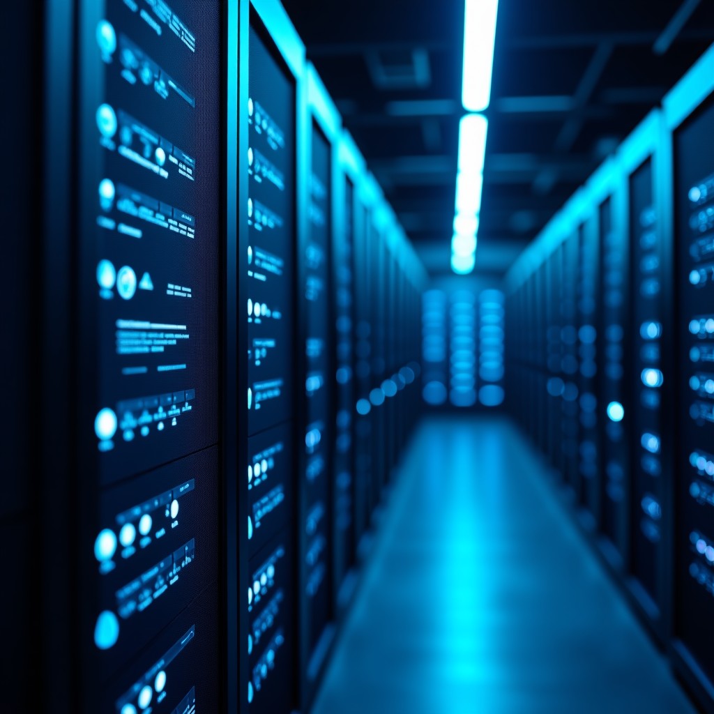 Modern technology and investment conceptual imagery, abstract digital circuitry and server racks, high tech aesthetic, professional corporate environment style, 4:3 ratio.