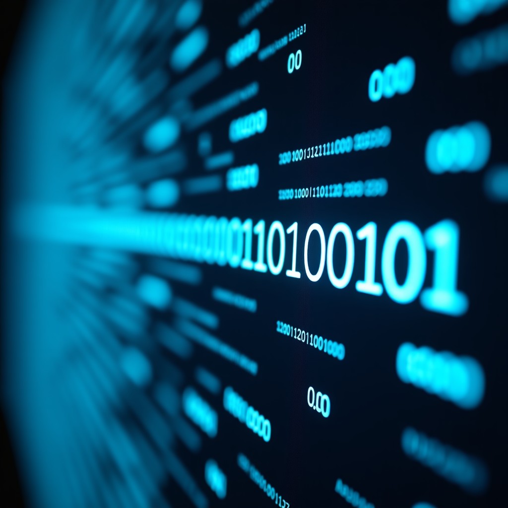 A close-up of a high-tech glowing interface with binary code patterns, symbolizing digital surveillance and security, clean professional style, 16:9 aspect ratio.