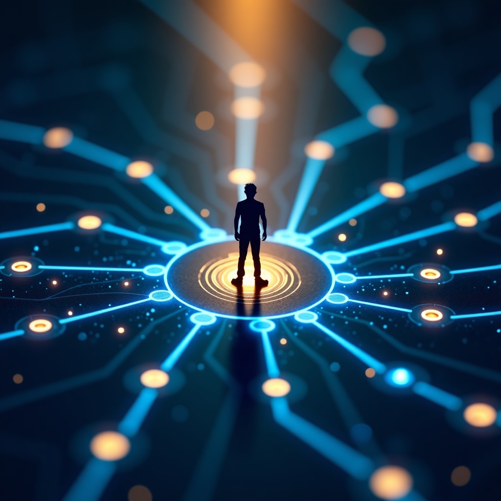 An abstract visual representation of interconnected digital nodes and human silhouette, suggesting the impact of AI on society, blue and gold tones, 16:9 aspect ratio.