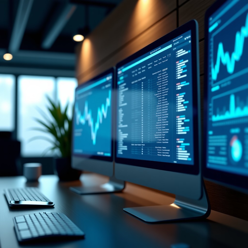 A professional office environment with digital screens displaying complex analytical data, soft focus, high quality photography, 16:9 aspect ratio.