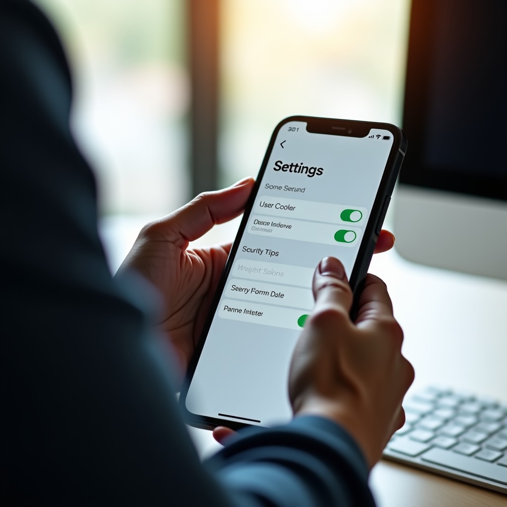 Close-up of a person checking security settings on a smartphone, soft natural light, minimalist workspace background, realistic style, 16:9 aspect ratio.