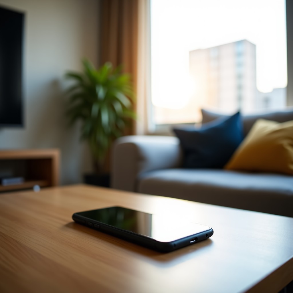 A clean and organized modern living room setting with a smartphone on a wooden desk, focus on privacy, soft morning lighting, realistic photography, 16:9 aspect ratio.