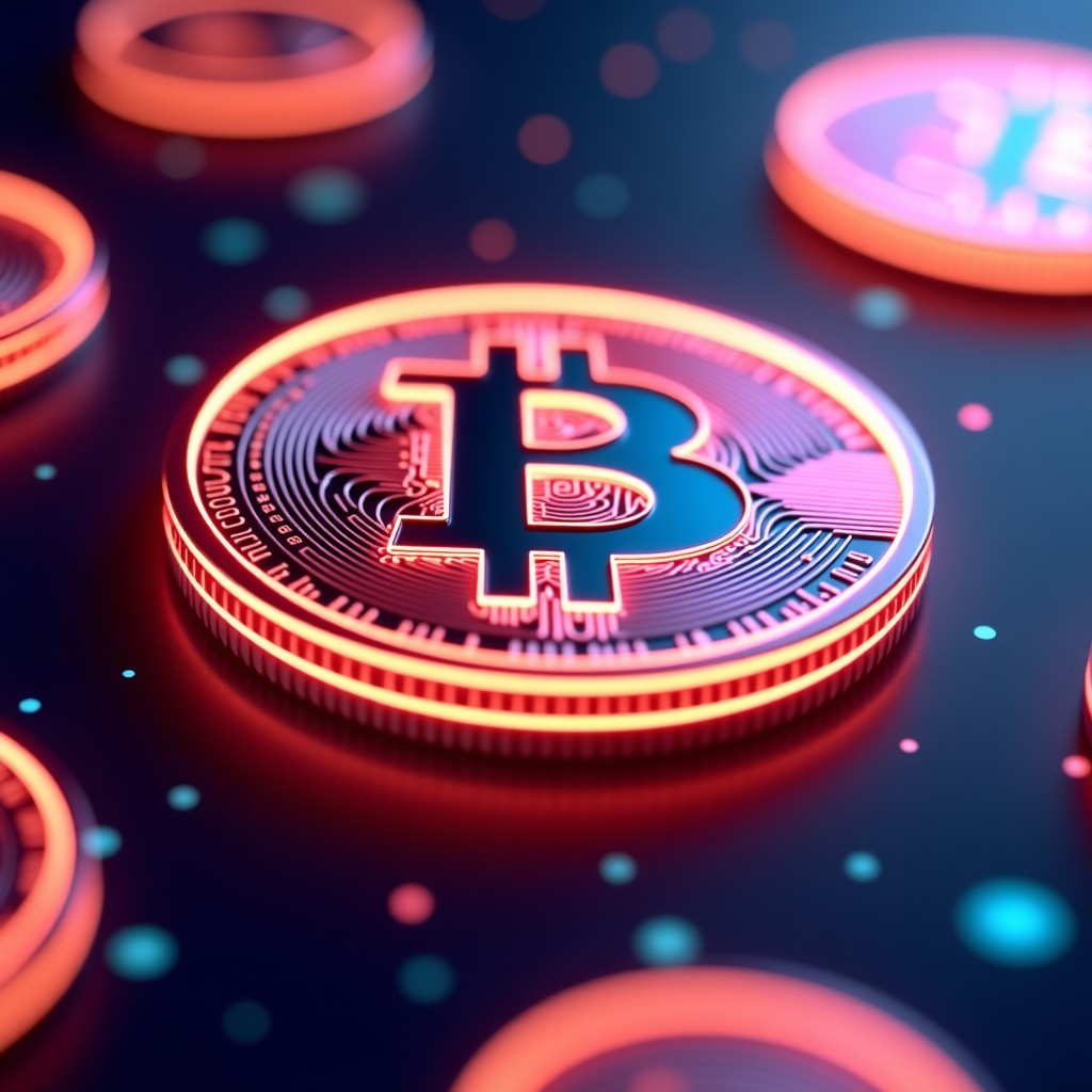 Close up of a futuristic digital coin floating in a neon-lit digital space, high quality, realistic, 1:1.