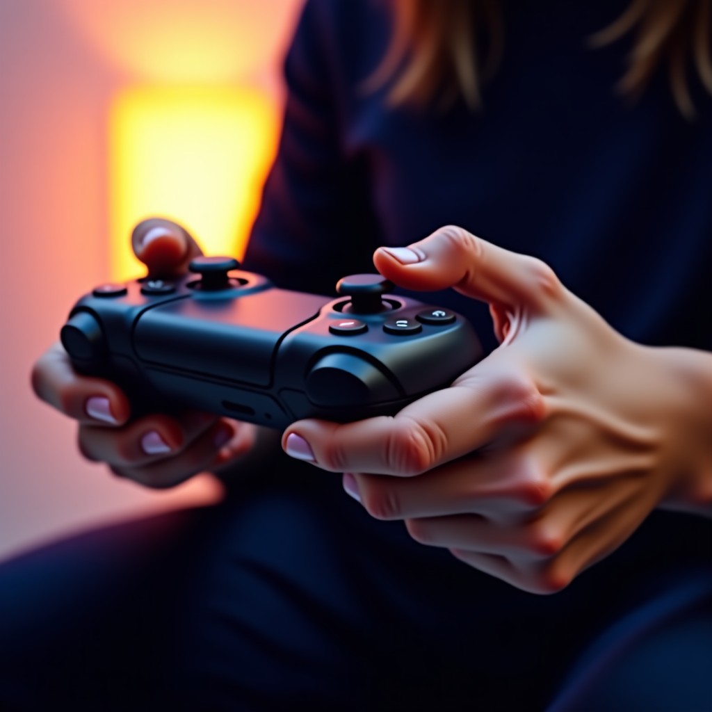 A person holding a modern game controller, focused perspective, warm ambient lighting, high quality, 4:3.