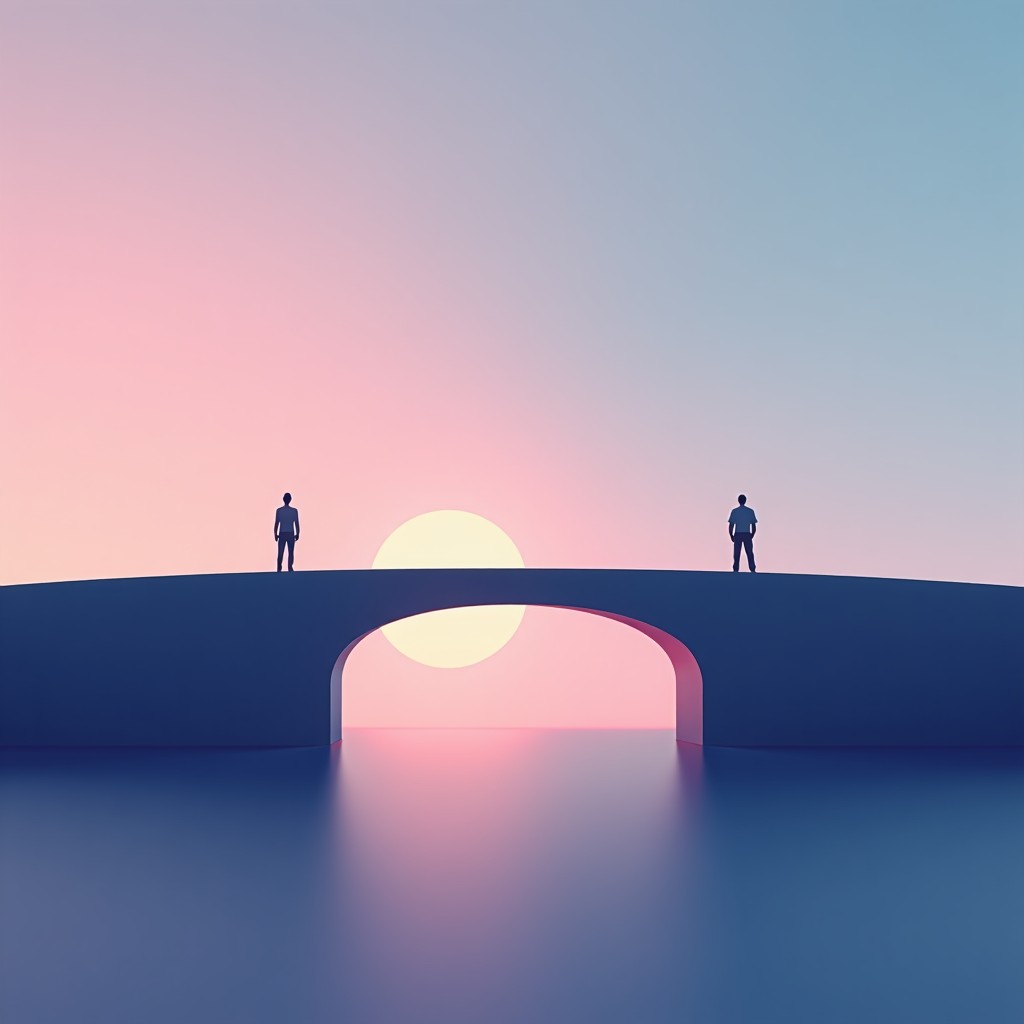 A minimalist depiction of artificial intelligence and human cognition, bridge concept, modern gradient background, 4:3