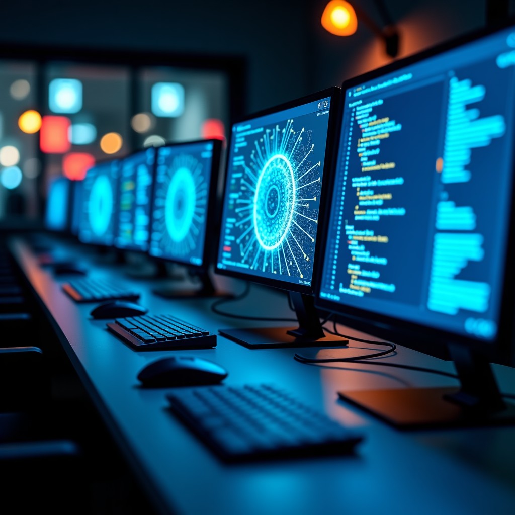 Modern digital workspace with screens showing lines of code and glowing neural networks, clean aesthetic, high-tech engineering vibe, 4:3 aspect ratio