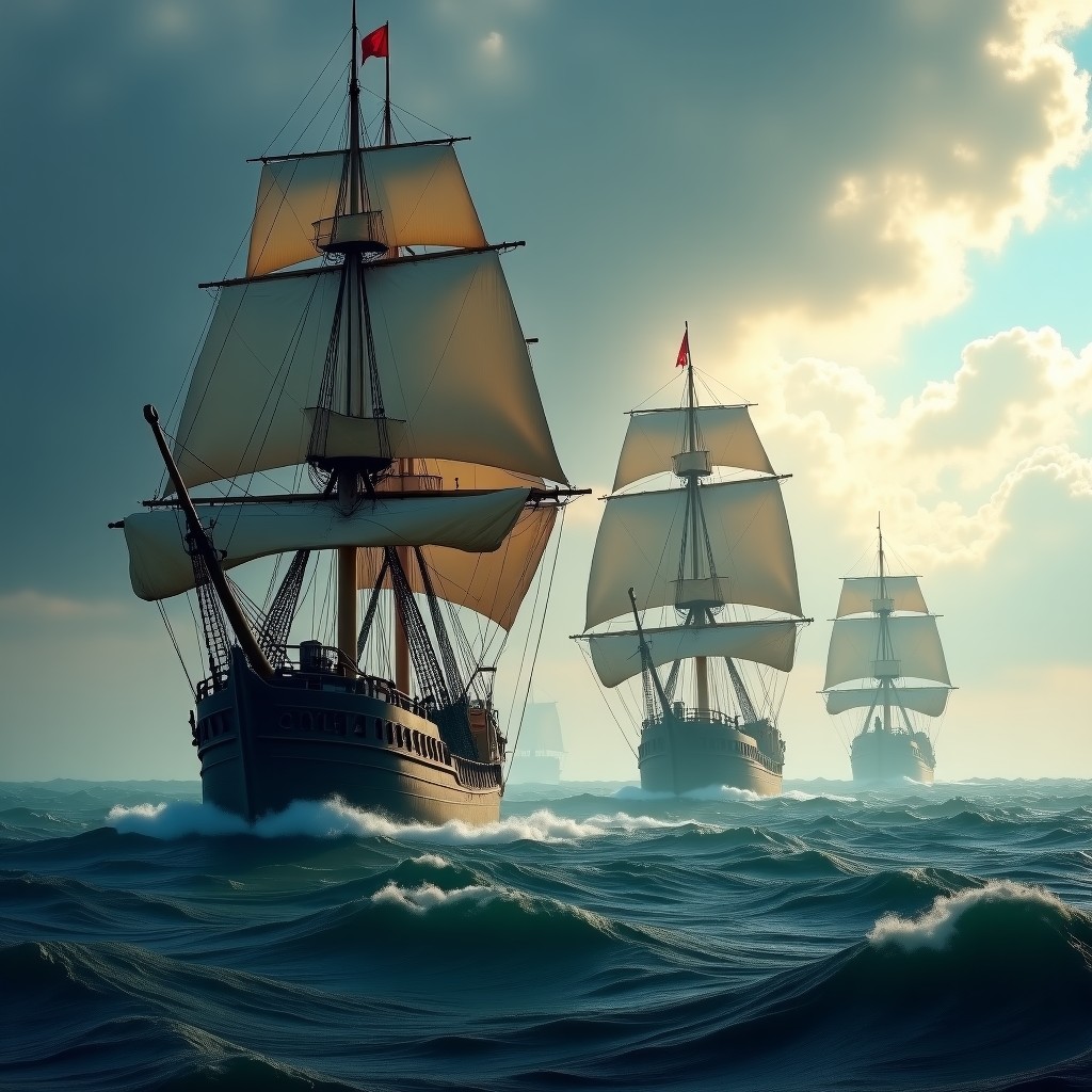 A cinematic scene of 16th century British sailing ships navigating rough seas, dramatic clouds, historical naval warfare atmosphere, realistic style, 4:3