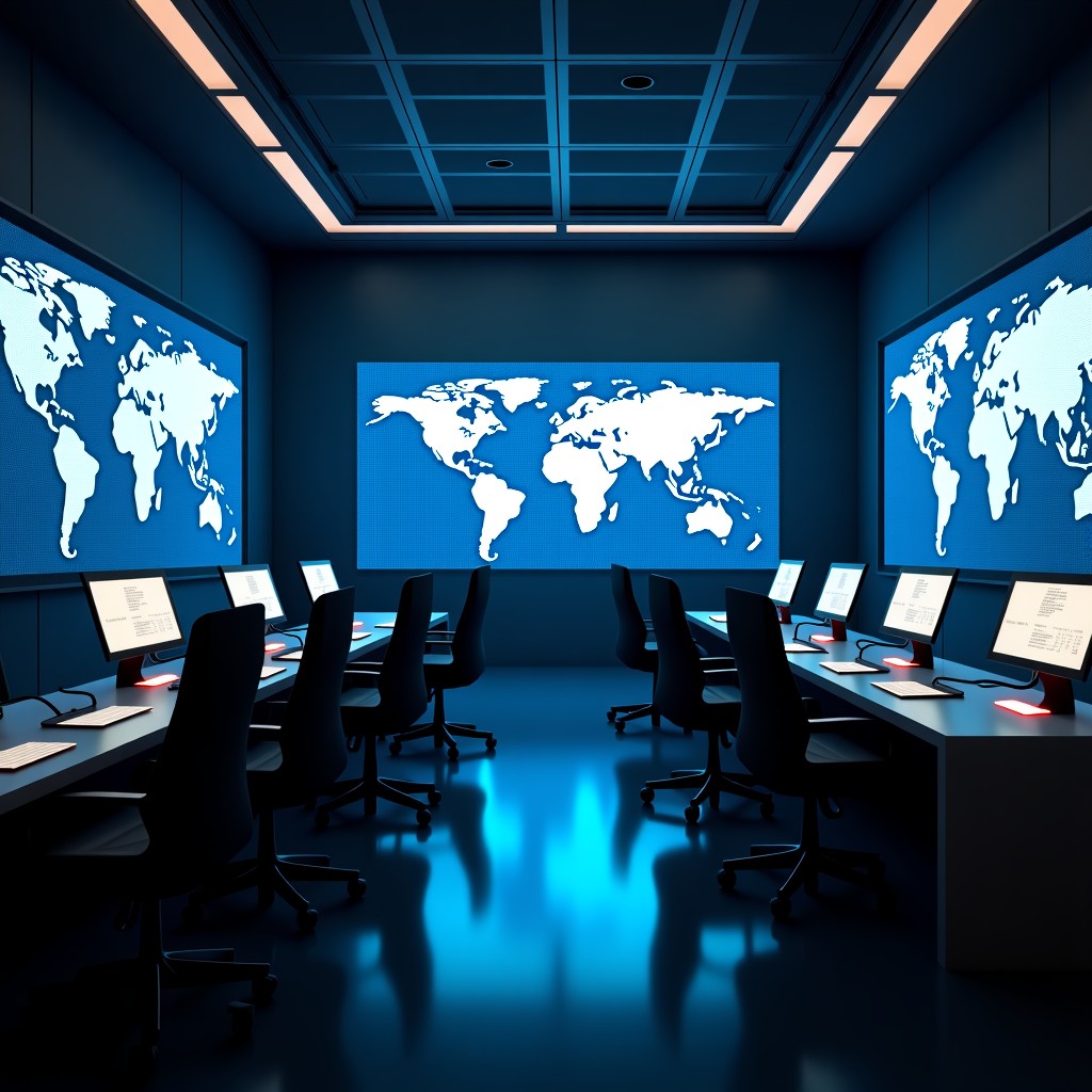 Realistic image of a high-tech military command center with large monitors displaying glowing network connections and data streams, cinematic lighting, 16:9 aspect ratio.