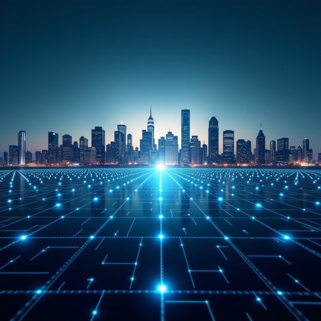 Dramatic conceptual image of a city skyline transitioning into digital grid patterns, representing the modern cyber battlefield, cinematic composition, 16:9 aspect ratio.