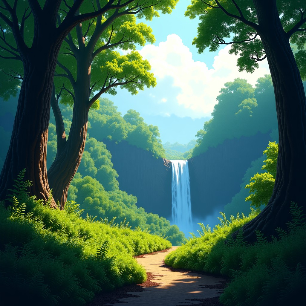 Lush green forest path leading to a viewpoint overlooking a series of small waterfalls, cinematic lighting, realistic style, 4:3