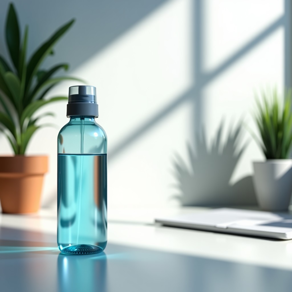 Modern aesthetic office desk with a water bottle, clean background, focus on hydration, 4:3