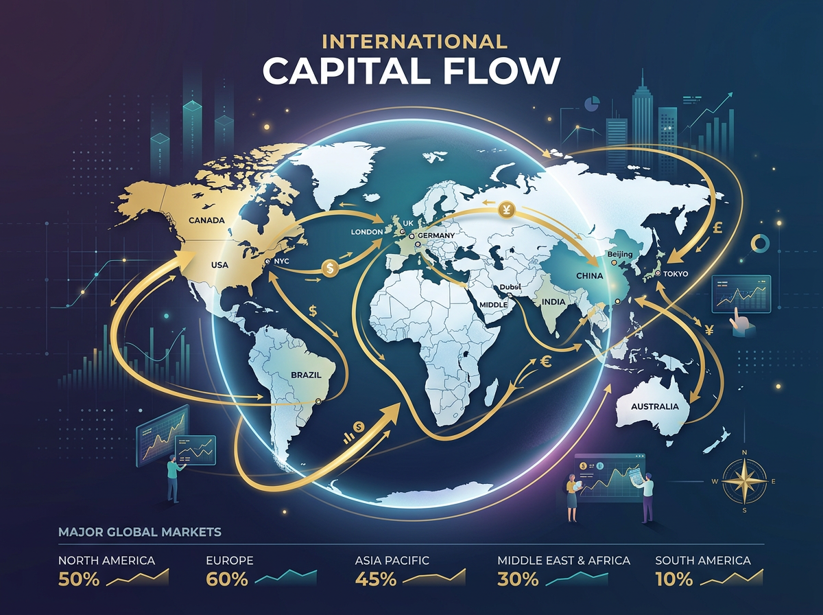 국제 자본의 흐름을 상징하는 추상적 이미지