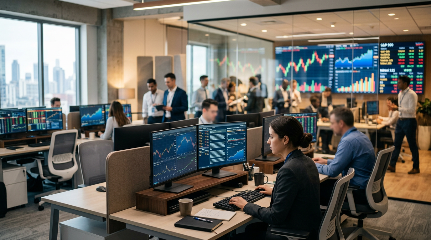 활기찬 증권가와 데이터 그래프