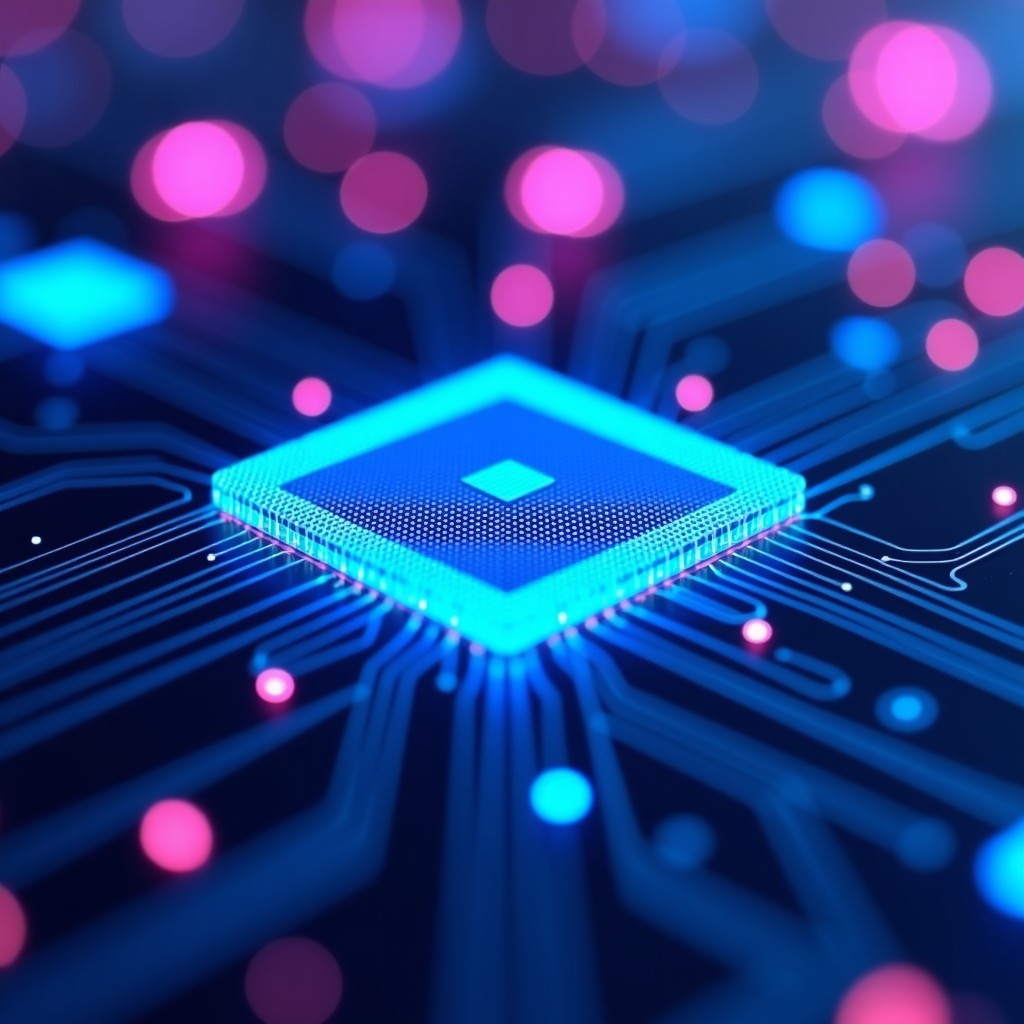 Close-up of a complex semiconductor wafer pattern reflecting blue and purple lights, modern technology background, clean industrial aesthetic, 4:3 ratio.