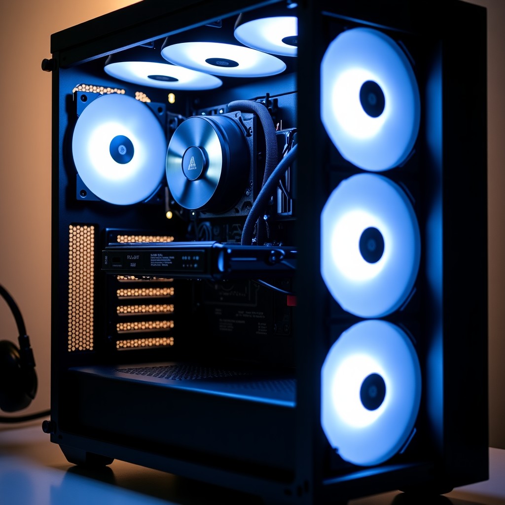 High-quality professional computer interior view, clean cable management, high-performance cooling fans, sharp details, dark background with subtle ambient light, 4:3 ratio.