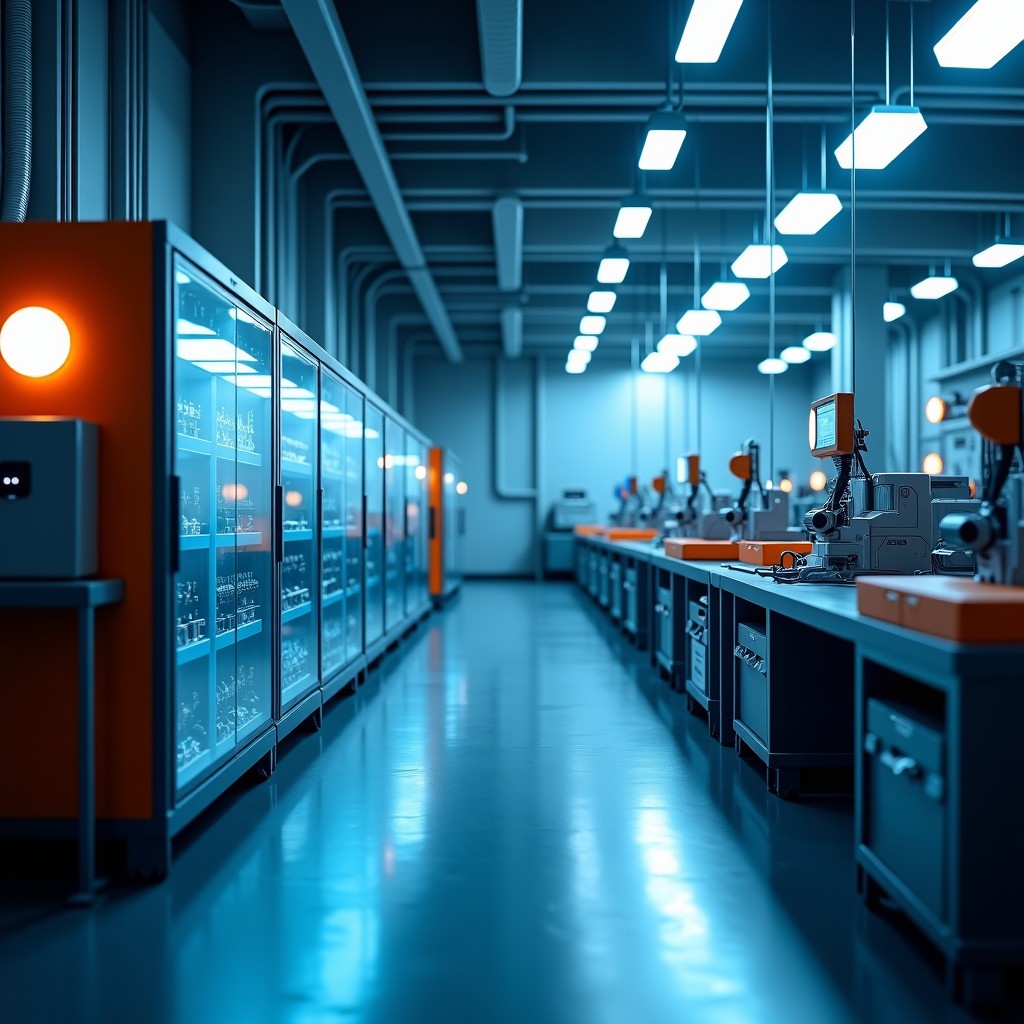 A futuristic industrial setting with smart sensors and robotics equipment, high-tech hardware rack glowing in a factory, clean composition, professional lighting, photorealistic, 4:3
