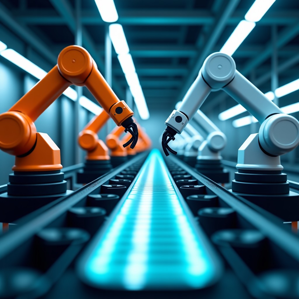 Wide shot of a smart automated manufacturing line, robotic arms working in unison, futuristic neon lights, clean industrial architecture, high tech, 4:3