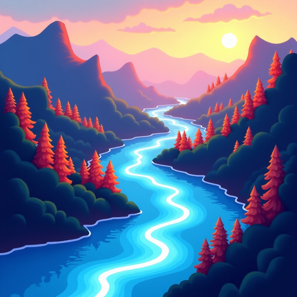 An abstract visual representation of market cycles and diverse asset classes flowing like a river, modern digital art style, vibrant colors, 4:3