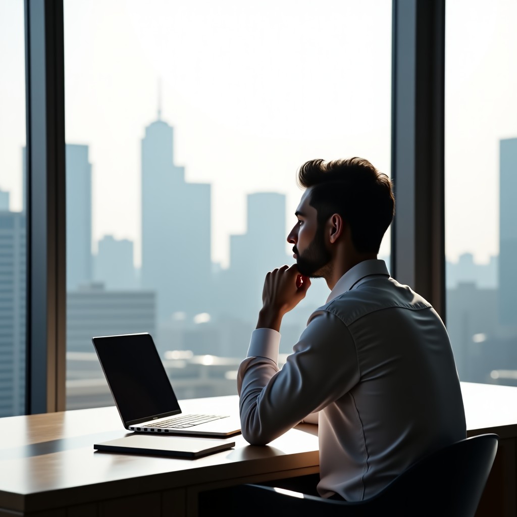 A thoughtful person sitting at a clean minimalist desk with a notebook and a laptop, looking out a large window at a modern city, clean aesthetics, 4:3