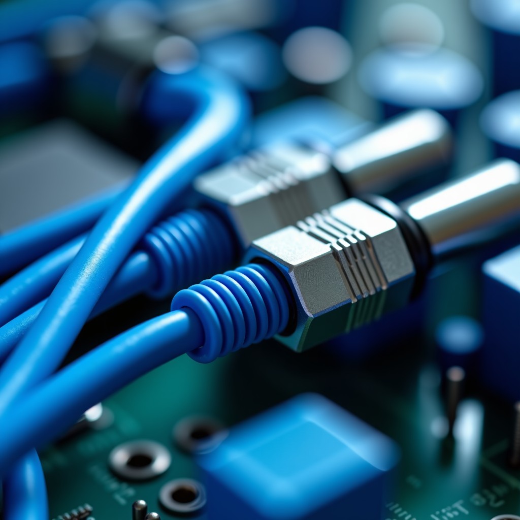 Close-up of professional specialized electronic cables and connectors in a high-tech laboratory setting, metallic textures, blue and silver color palette, 1:1 aspect ratio