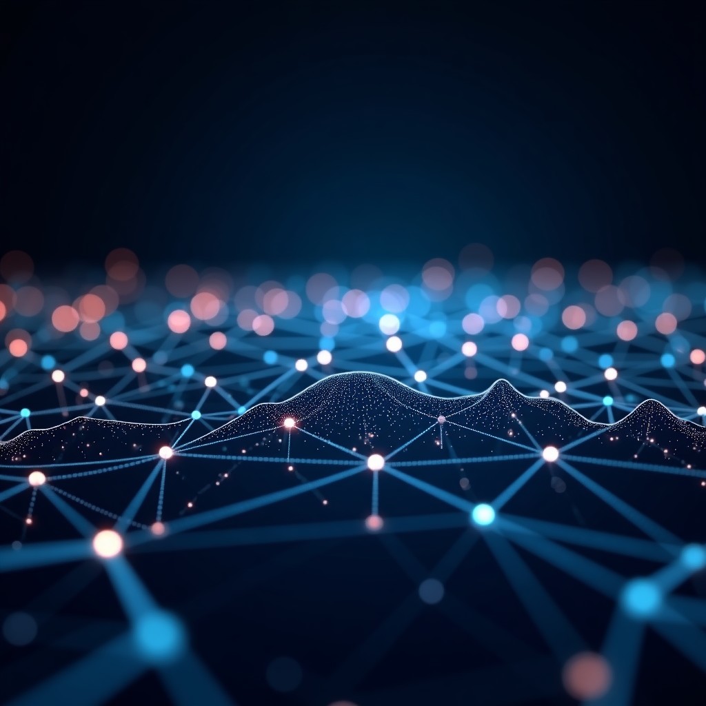 Abstract visualization of digital connectivity and network nodes, glowing lines, dark background, premium tech aesthetics, 16:9 aspect ratio