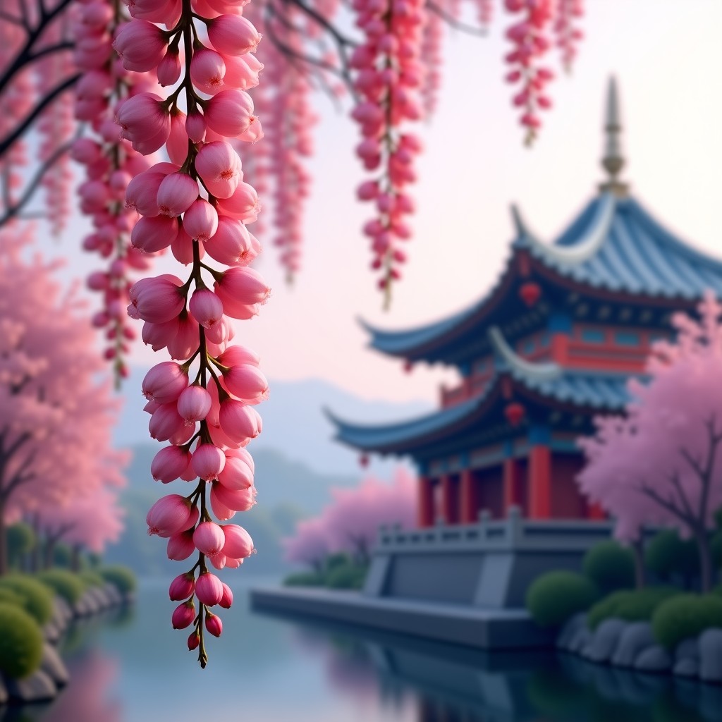 Close-up of weeping plum blossoms hanging down gracefully against a blurred temple background, spring morning light, calm and meditative mood, high resolution, 4:3