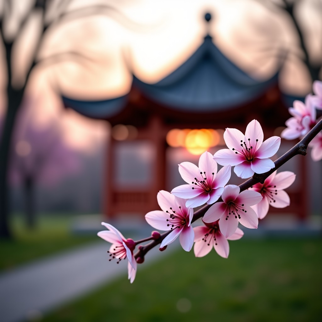 활짝 핀 매화와 정자