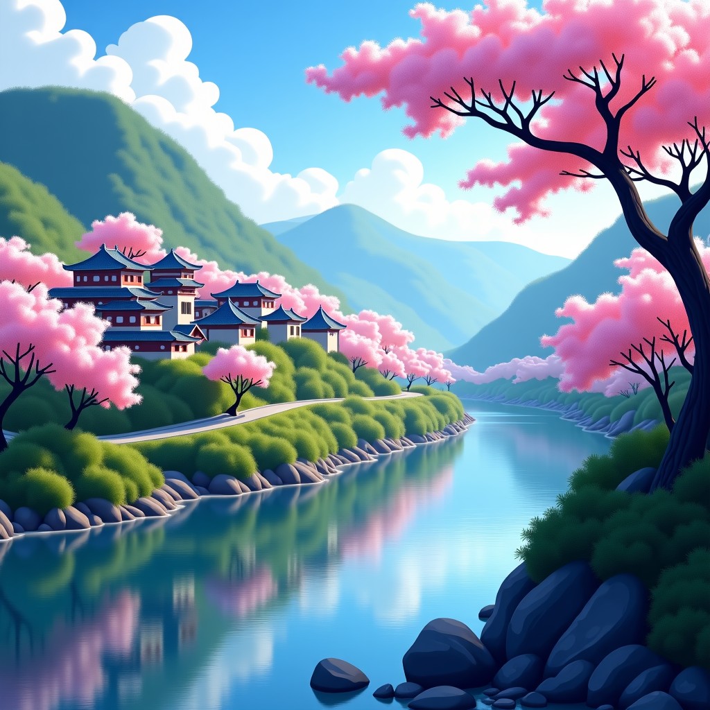 Wide angle shot of a village on the hillside with blooming trees overlooking the calm Sumjin river, spring atmosphere, cinematic composition, 4:3
