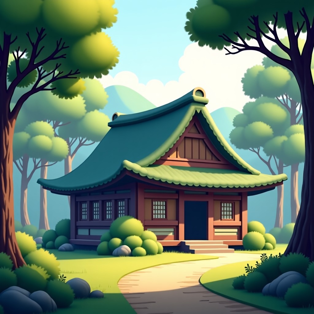 Traditional Korean thatched house in a quiet forest, old pine trees around, historical site atmosphere, realistic, soft morning light, 4:3