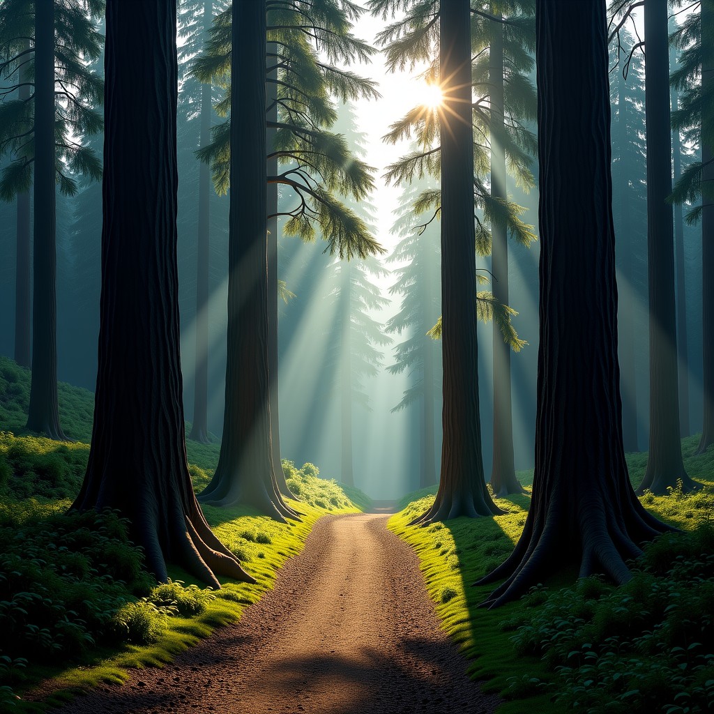 Tall and old pine trees in a deep forest, sunlight filtering through leaves, historical trail, peaceful and somber atmosphere, realistic photography, 4:3
