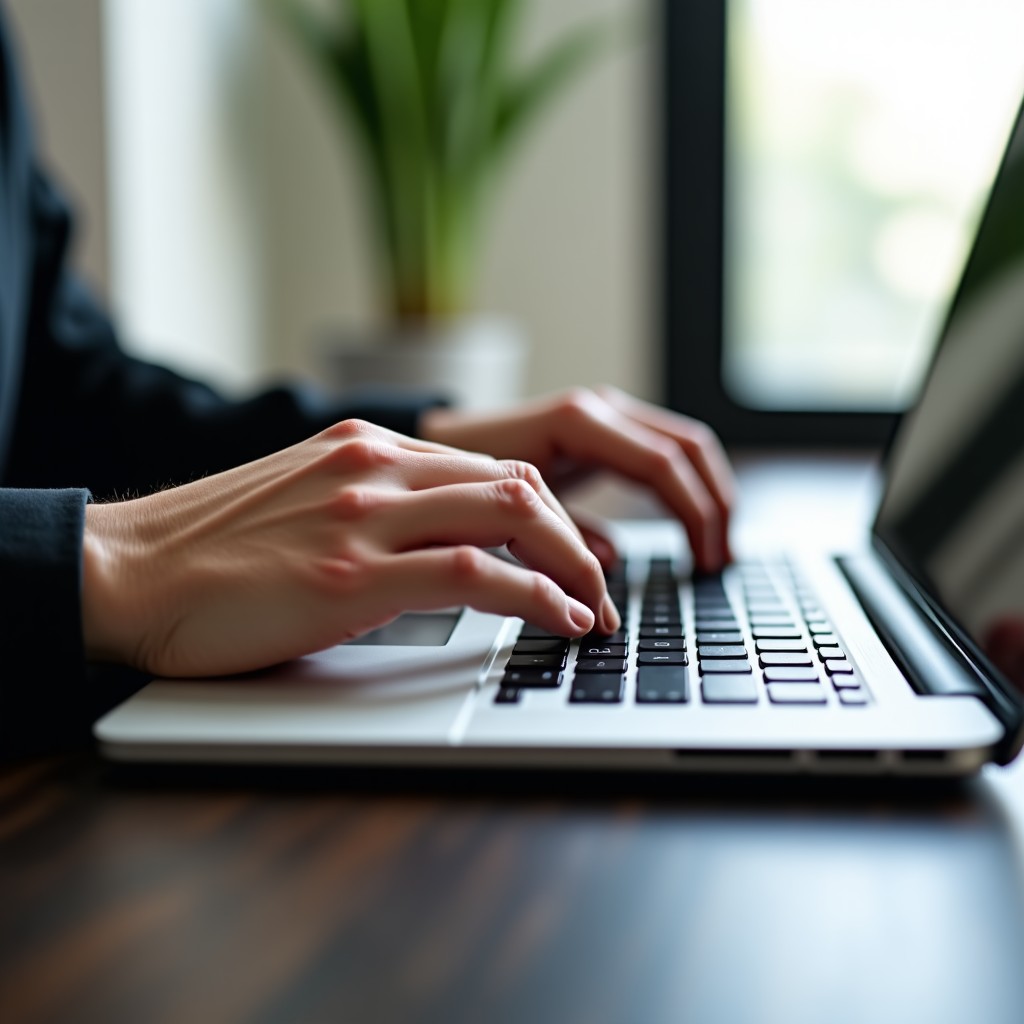 Close-up shot of hands typing on a laptop keyboard, focus on the keys and trackpad, professional workspace, shallow depth of field, 4:3 ratio