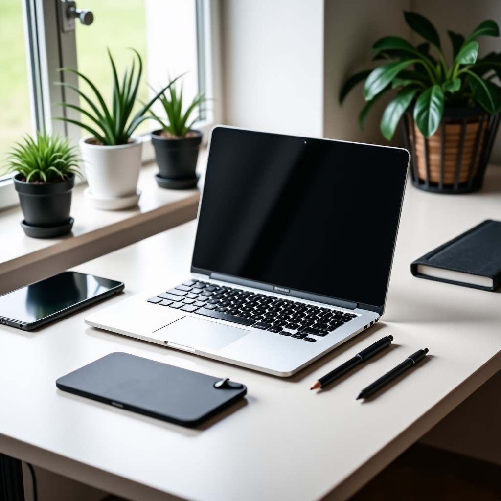 An organized desk setup with a laptop, tablet, and stationery, clean minimalist aesthetic, focus on tech productivity, high resolution, soft balanced lighting, 4:3 aspect ratio.