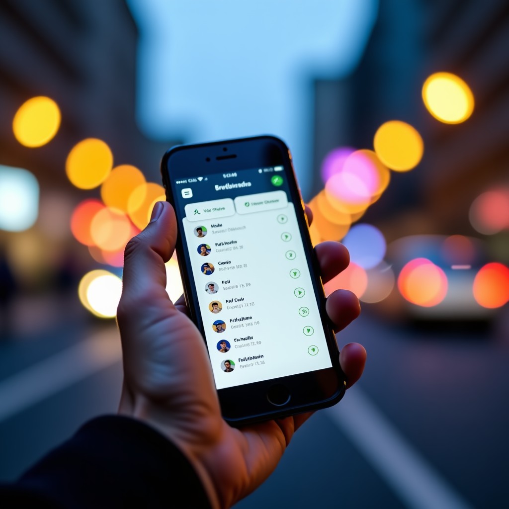 A person holding a smartphone showing baseball scores and rankings, city light background, modern tech lifestyle, realistic, 4:3