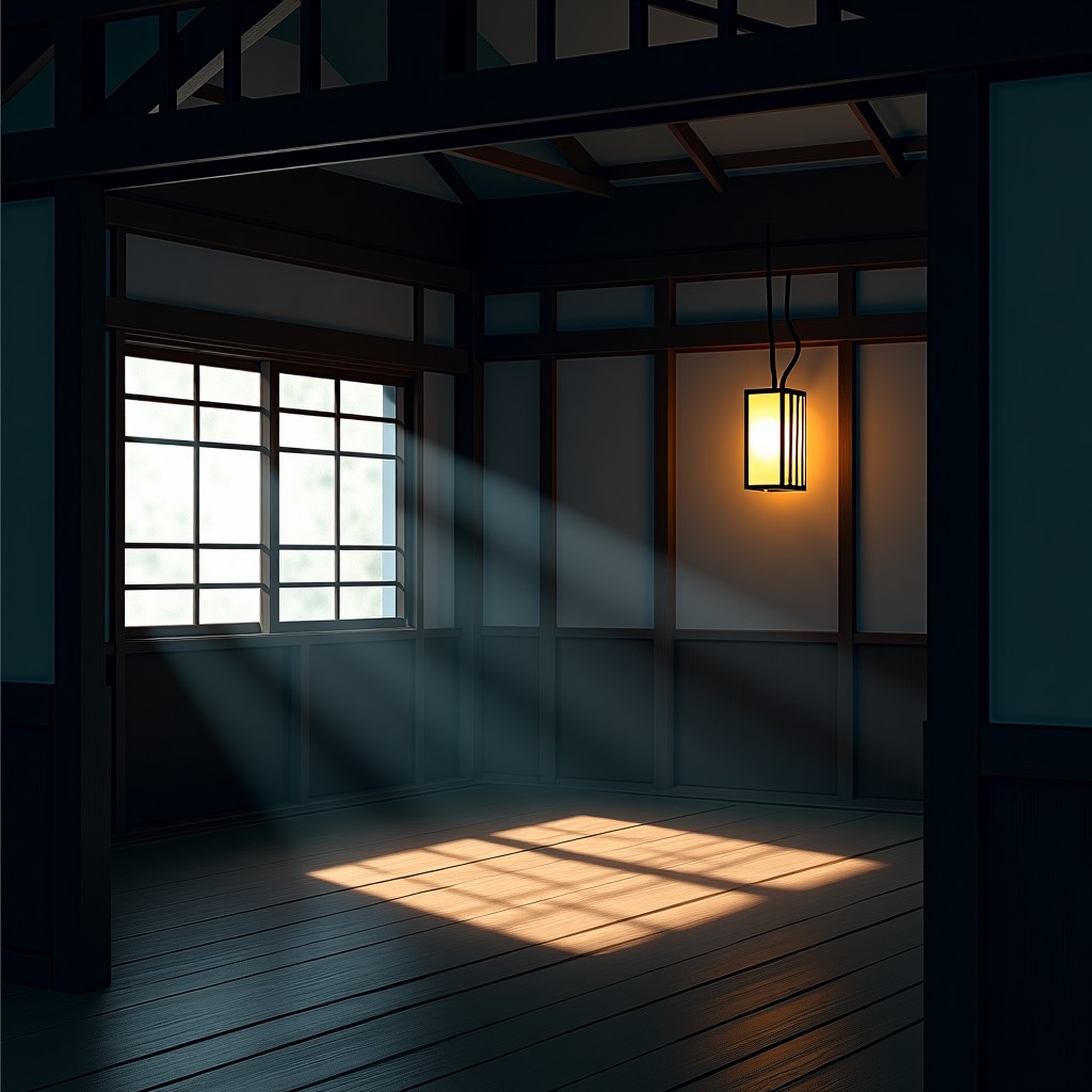어두운 조명 아래의 일본 저택 인테리어