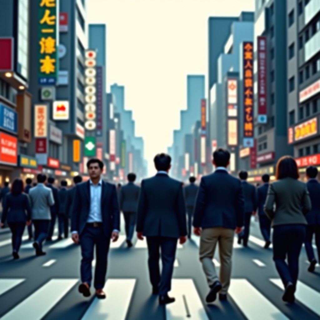 A crowded pedestrian crossing in a Japanese city, natural lighting, diverse group of people walking, cinematic style, 4:3 aspect ratio